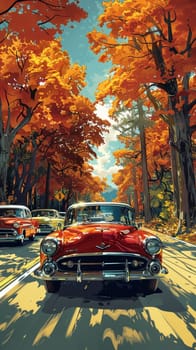 Vintage car rally scene with colorful automobiles, illustrated in a lively, nostalgic comic style.