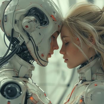 Gentle touch between human and android, a moment of connection in a tech-woven world.