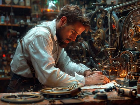 Mechanic tinkering with a steampunk contraption, gears and steam a symphony of progress.