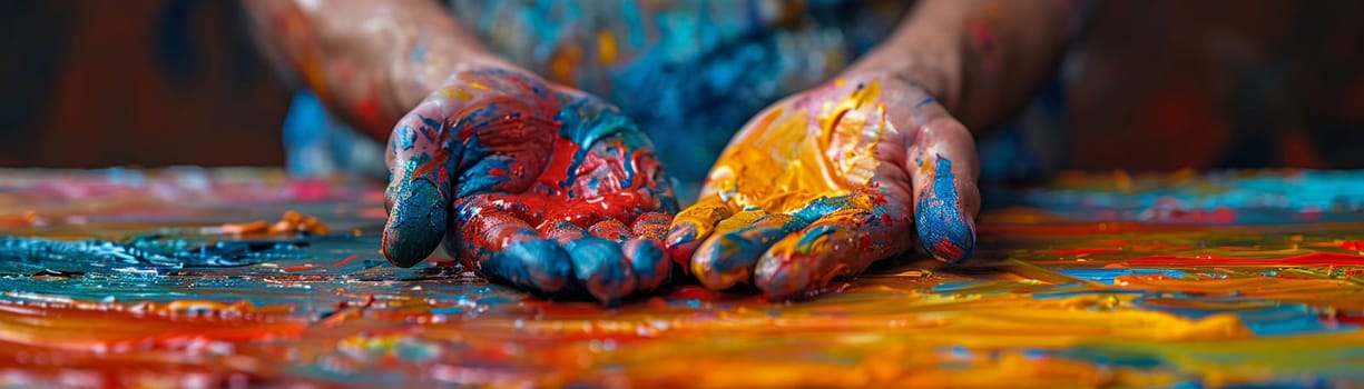 Artist's hands covered in multicolored paint, captured in a lively and expressive illustration style.