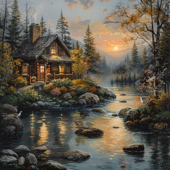 Rustic cabin in the woods depicted with a Thomas Kincade-like focus on light and idyllic settings.