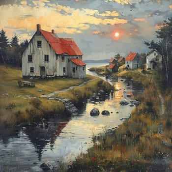 Rustic village at twilight, captured in an oil painting with rich textures and a peaceful palette.