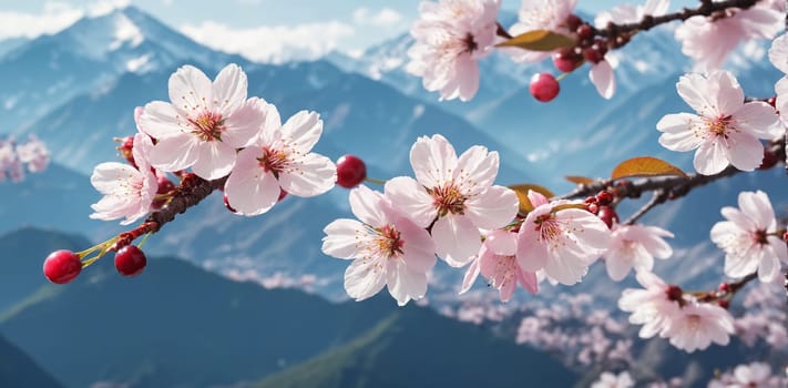 cherry blossom in spring time on the background of the mountains.