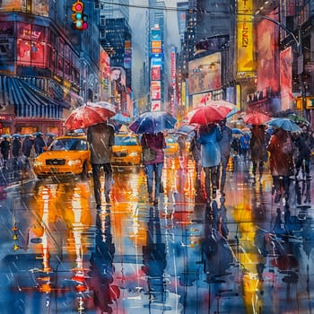 Bustling avenue in rain painted with vibrant, flowing watercolors, emphasizing movement and life.