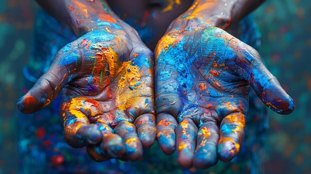 Artist's hands covered in multicolored paint, captured in a lively and expressive illustration style.