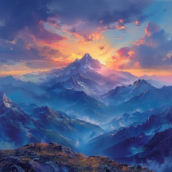 Mountain peak sunset painted with an emphasis on dramatic lighting and expansive views in a romantic style.