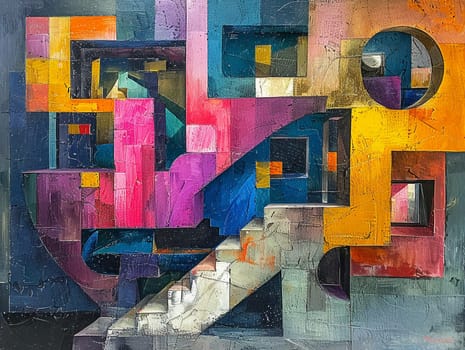 Artist's studio chaos painted in a dynamic, cubist style, with bold colors and abstract shapes.