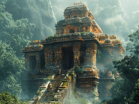 Ancient temple explorer scene created with a mythic and adventurous tone, using rich, earthy colors.