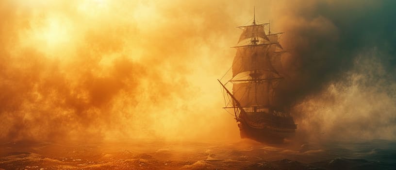 Pirate ship navigating through mystical fog, illustrated with a vintage map aesthetic and aged textures.