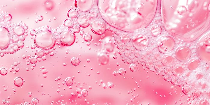Beauty serum gel texture. Pink clear skincare cream with bubbles background. Transparent colored cosmetic product close up