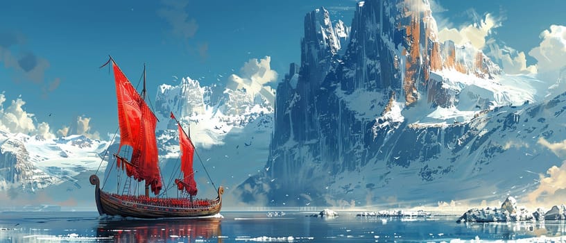 Viking longship navigating icy waters, depicted with a Norse art style and cold, bracing colors.