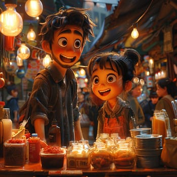 Night market excitement rendered in a lively, cartoon-style with exaggerated expressions and fun details.