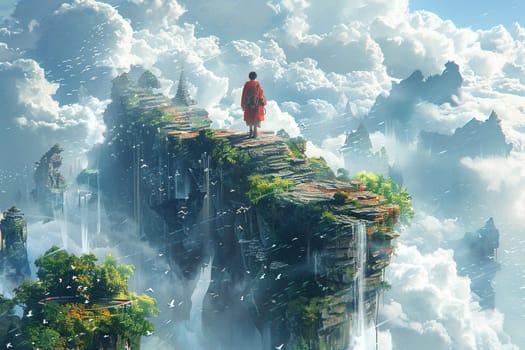 Wanderer in a realm of floating islands, each step a dance with gravity and fantasy.