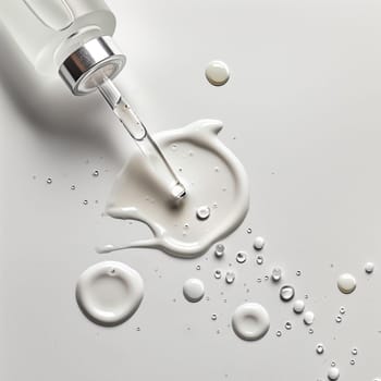 Drops of cosmetic serum and a pipette. A skin care product. White background. Copy space.