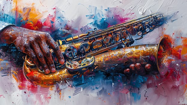 Jazz musician's hands on a saxophone, painted with soulful brushstrokes and deep, resonant colors.