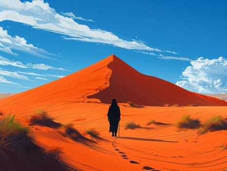 Desert nomad's silhouette against a vast dune, rendered in a minimalist style with an endless horizon.