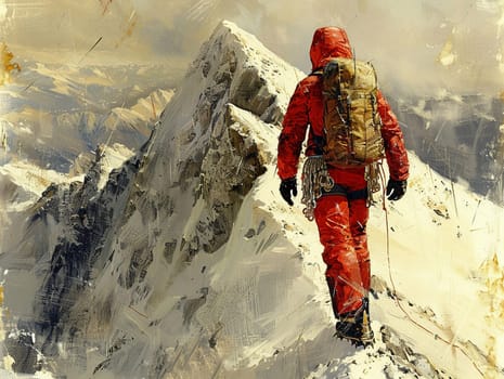 Mountain climber reaching the summit depicted with a rough, textured brushstroke emphasizing the rugged terrain.