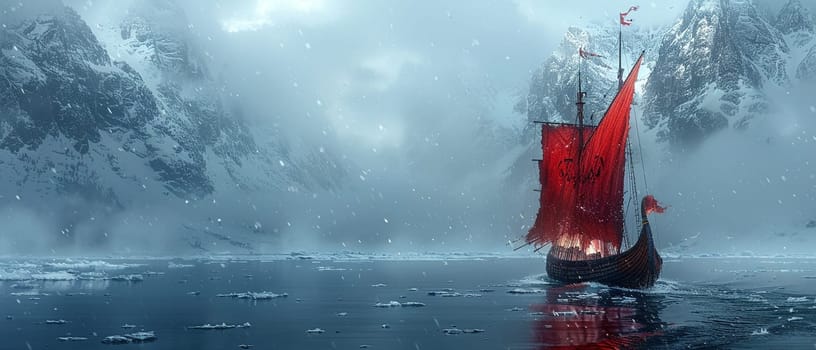 Viking longship navigating icy waters, depicted with a Norse art style and cold, bracing colors.