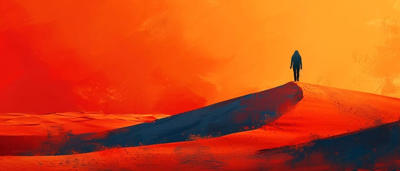 Desert nomad's silhouette against a vast dune, rendered in a minimalist style with an endless horizon.