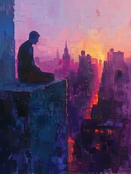 Sculptor carving the essence of the aether, their chisel a conjuring of form and void. City skyline at dusk painted in broad, impressionistic strokes of deep blues and purples.