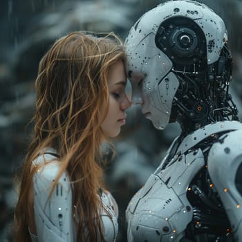 Gentle touch between human and android, a moment of connection in a tech-woven world.