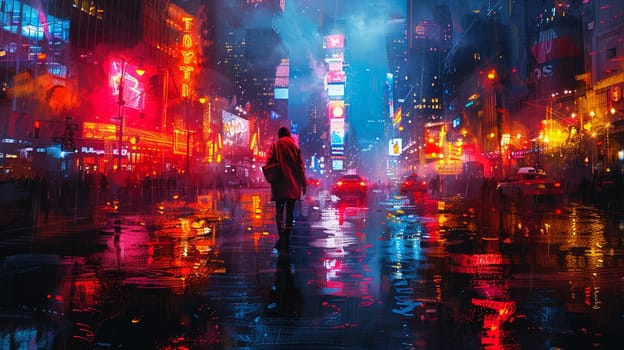 Vibrant digital painting of a figure navigating through neon-lit streets, reflecting the pulse of city life.