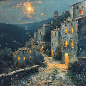 Rustic village at twilight, captured in an oil painting with rich textures and a peaceful palette.