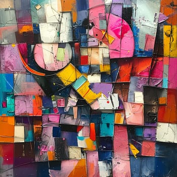 Artist's studio chaos painted in a dynamic, cubist style, with bold colors and abstract shapes.