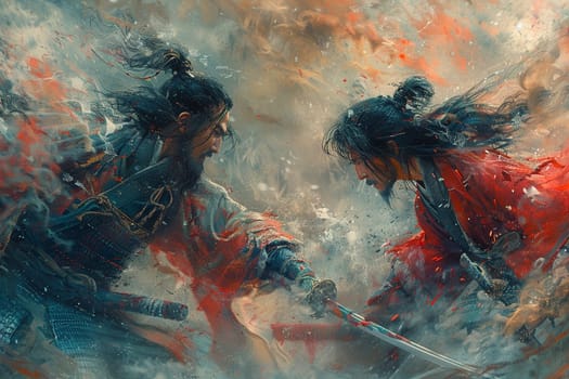 Duel between mythic samurai warriors, captured in a dynamic anime style with dramatic composition.