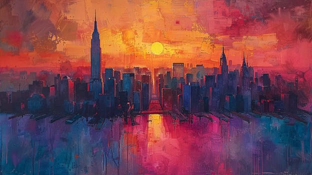 Cityscape from a high vantage point painted in a post-impressionist style, with vivid colors and bold brushwork.