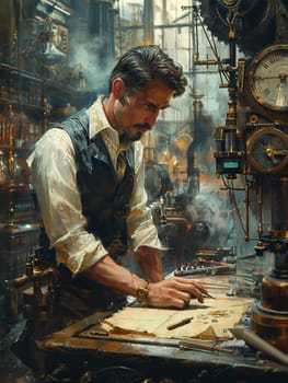Mechanic tinkering with a steampunk contraption, gears and steam a symphony of progress.