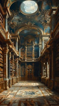 Ancient library scene rendered in a Renaissance painting style, with a focus on depth and perspective.