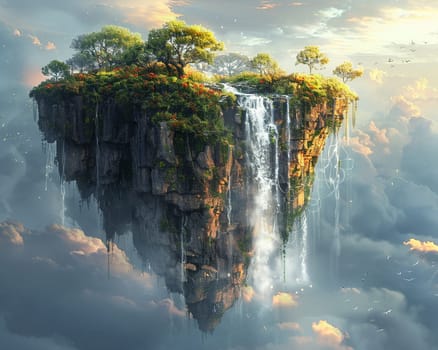 Surreal floating island with a cascading waterfall, illustrated in a dreamy and imaginative style.