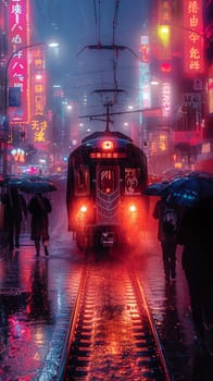 Night train arrival captured in a futuristic, Blade Runner-inspired neon palette and atmospheric detail.