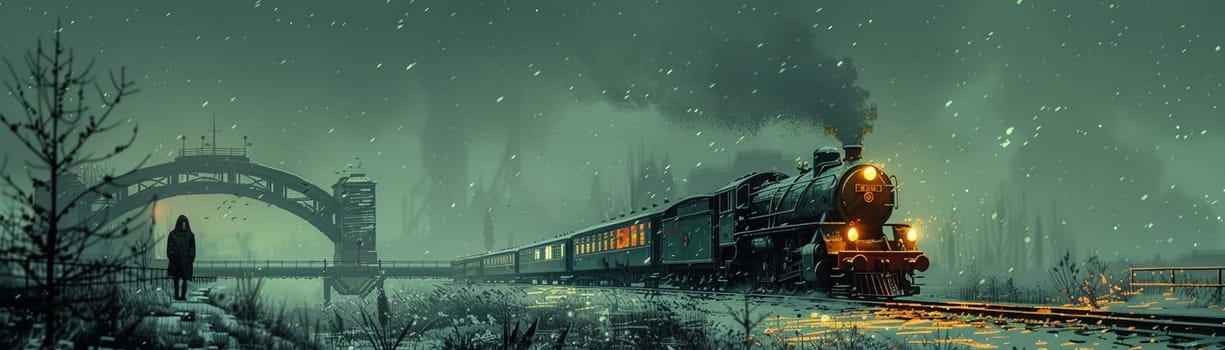 Lonely train journey rendered in a gritty graphic novel style, with a focus on atmospheric storytelling.