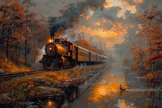 Vintage train puffing through a scenic landscape, painted in an impressionist style with a touch of romance.