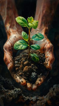 Gardener's hands nurturing a growing seedling, painted with a focus on texture and the green of life.