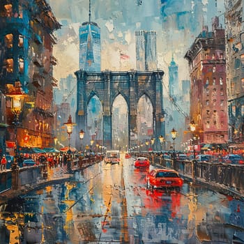 Bridge view in the city painted with a soft-focus background and detailed architectural foreground.