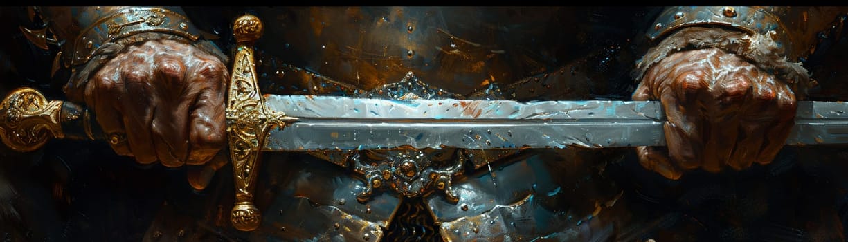 Warrior's hands gripping a sword hilt, ready for battle, depicted with epic grandeur and detail.