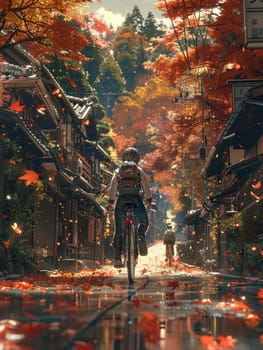 Bicycle ride through falling leaves captured in an anime-style, emphasizing motion and playful scenery.