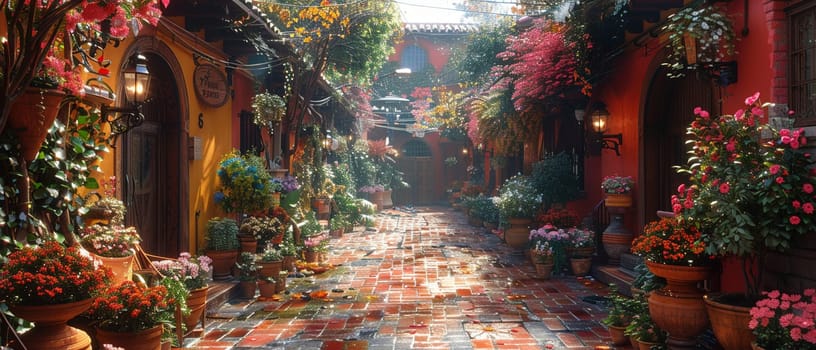 Hidden alleyway oasis painted with a touch of magical realism, blending the everyday with the fantastic.