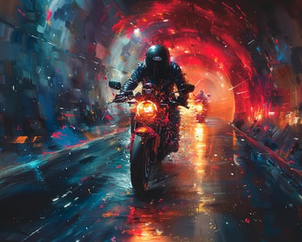Tunnel speed rider scene painted with a sense of motion and abstract color splashes.