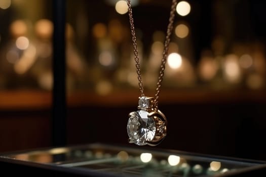 Cut diamond in a pendant on a blurry background in a jewelry store, generative AI