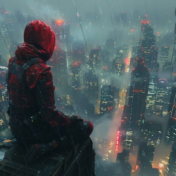 Protagonist perched on a skyscraper, city's heartbeat syncing with their own.