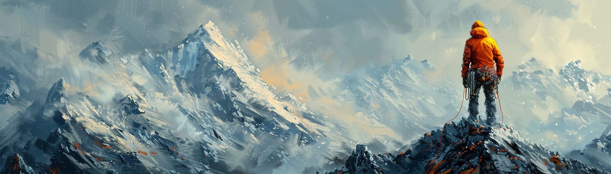 Mountain climber reaching the summit depicted with a rough, textured brushstroke emphasizing the rugged terrain.