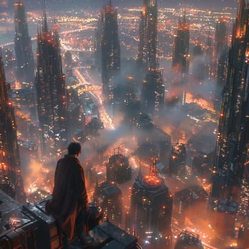 Protagonist perched on a skyscraper, city's heartbeat syncing with their own.