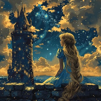 Fairytale princess gazing out of a tower window, illustrated in a classic Disney-inspired style.