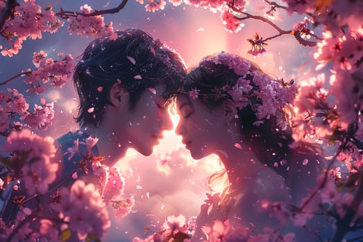 Intimate moment under cherry blossoms, illustrated in a soft, romanticized anime style.