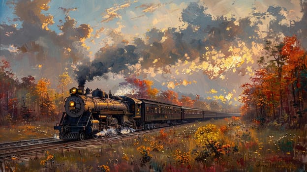 Vintage train puffing through a scenic landscape, painted in an impressionist style with a touch of romance.