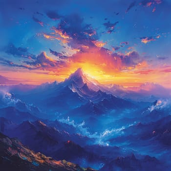 Mountain peak sunset painted with an emphasis on dramatic lighting and expansive views in a romantic style.